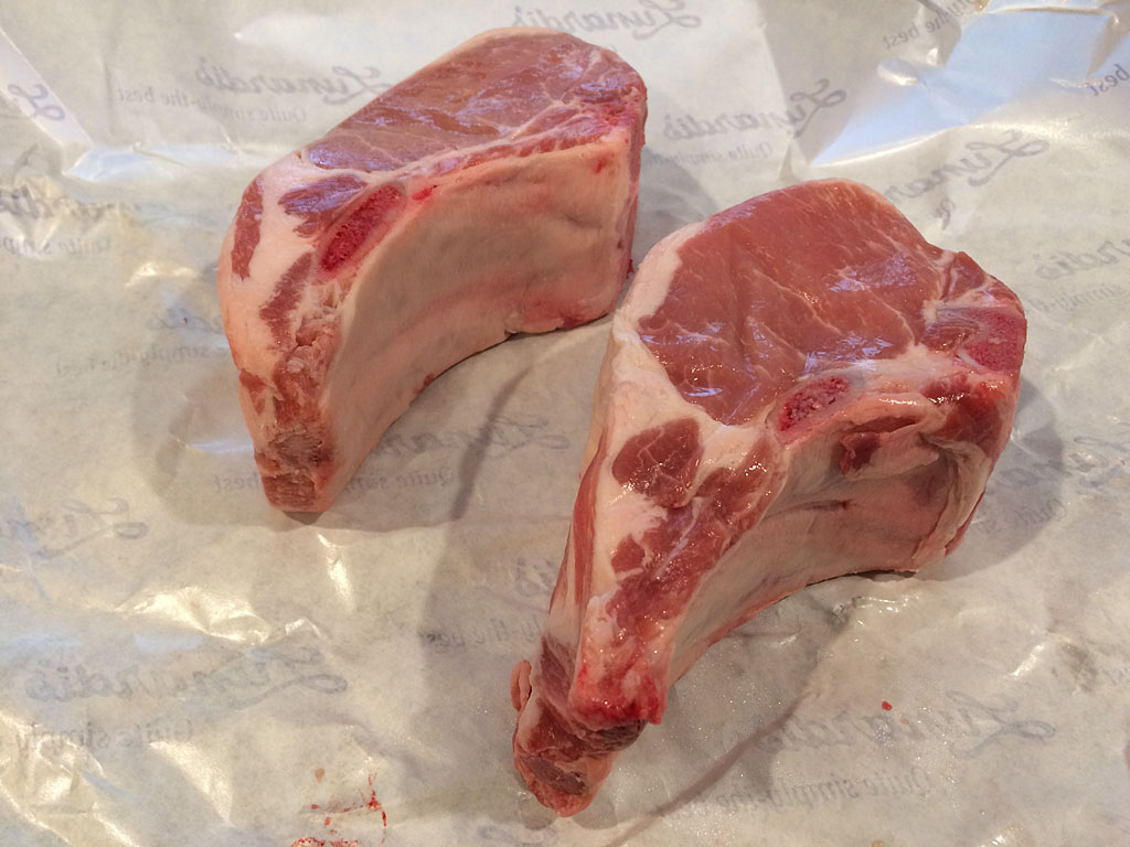 Double-thick, bone-in pork chops