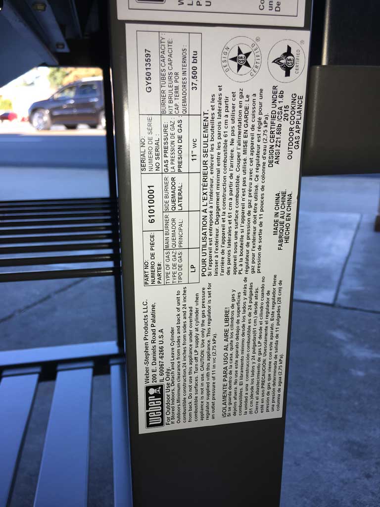 Sticker on Weber Genesis II E-310 gas grill