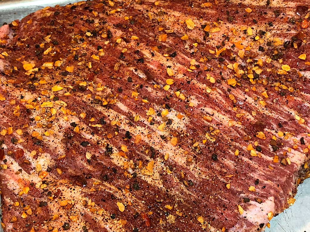 Close-up of tri-tip with rub applied