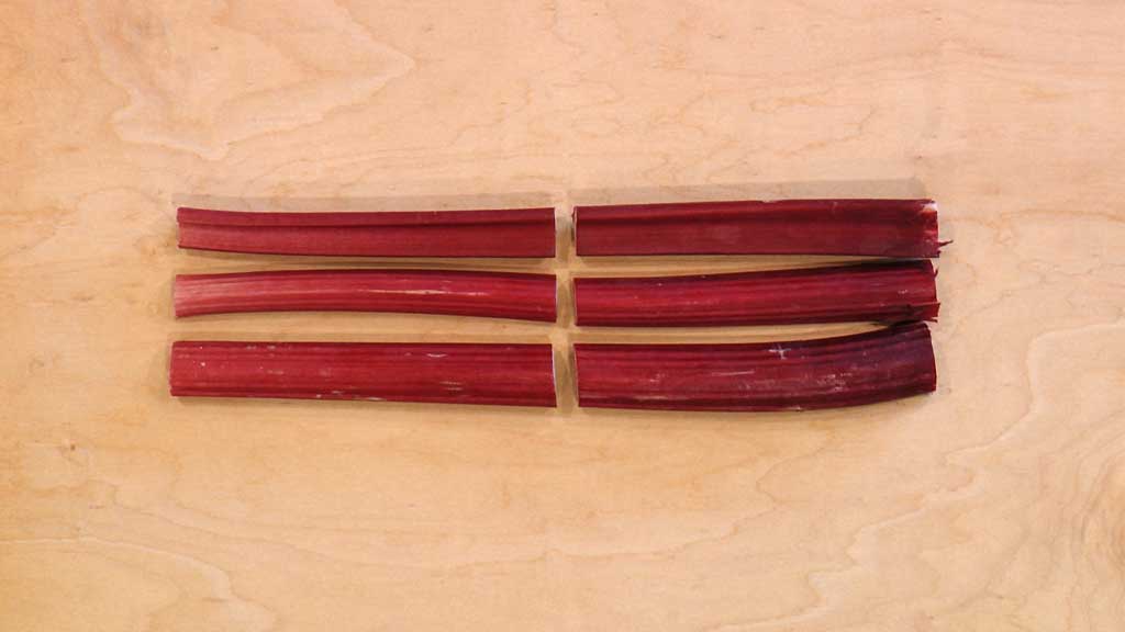 Rhubarb stalks cut in half