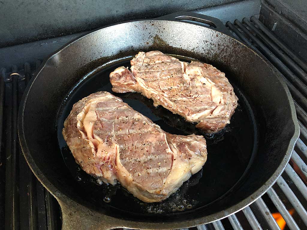 Reverse Seared Cast Iron Skillet Ribeye Steaks The Virtual Weber Gas Grill 