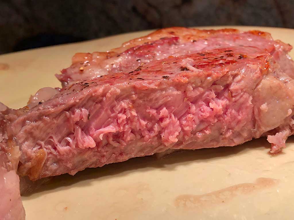Inside view of perfectly cooked reverse seared ribeye steak