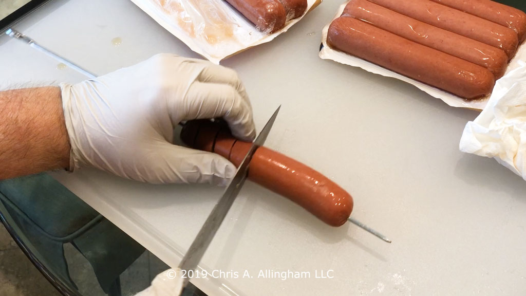 Spiral-slicing a hot dog