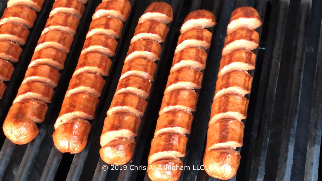 Grilling spiral-sliced hot dogs