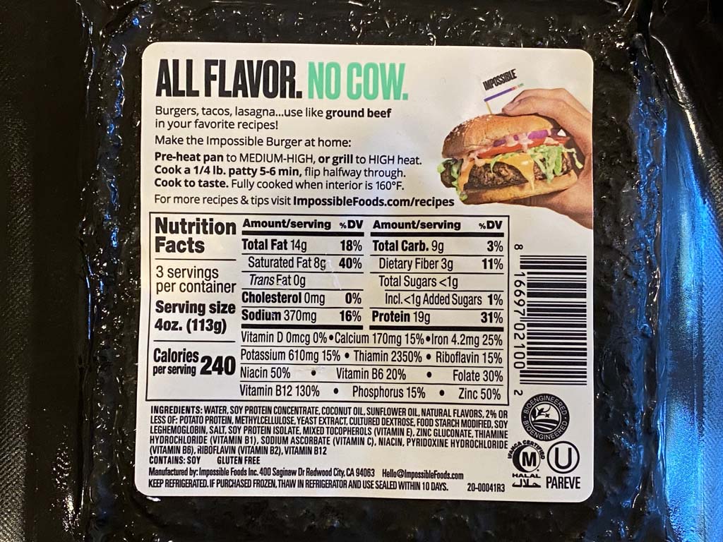 Impossible Burger back package label